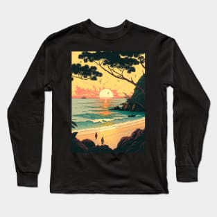 A pair setting sun on the beach ukiyo e Long Sleeve T-Shirt